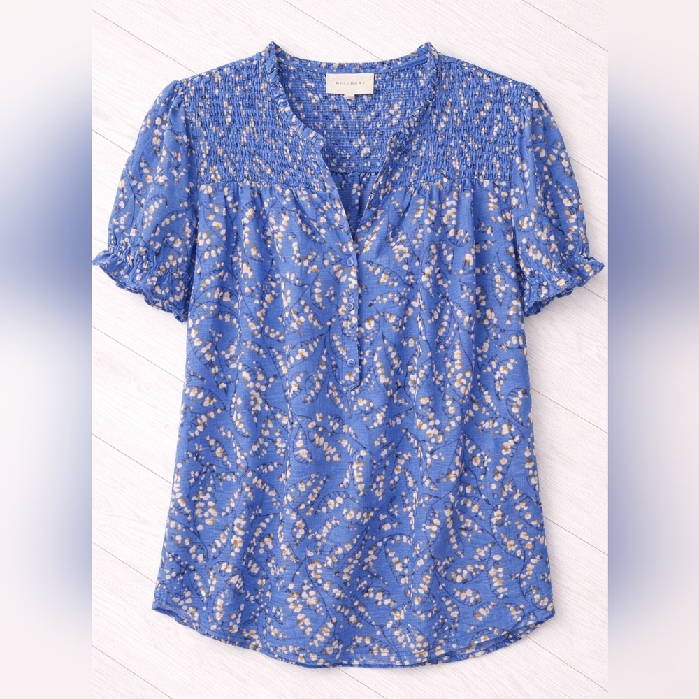🪻 MELLODAY Blue Floral Blouse - size Large